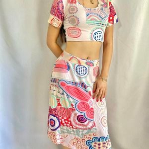 Authentic Early 1990s Christian LaCroix Psychedelic Print Set with Top and Skirt